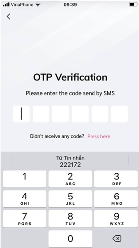 Nhập mã OTP gửi về qua số điện thoại đã đăng ký