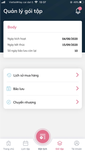 Thông tin gói tập của khách hàng được lưu trên ứng dụng 25 FIT 